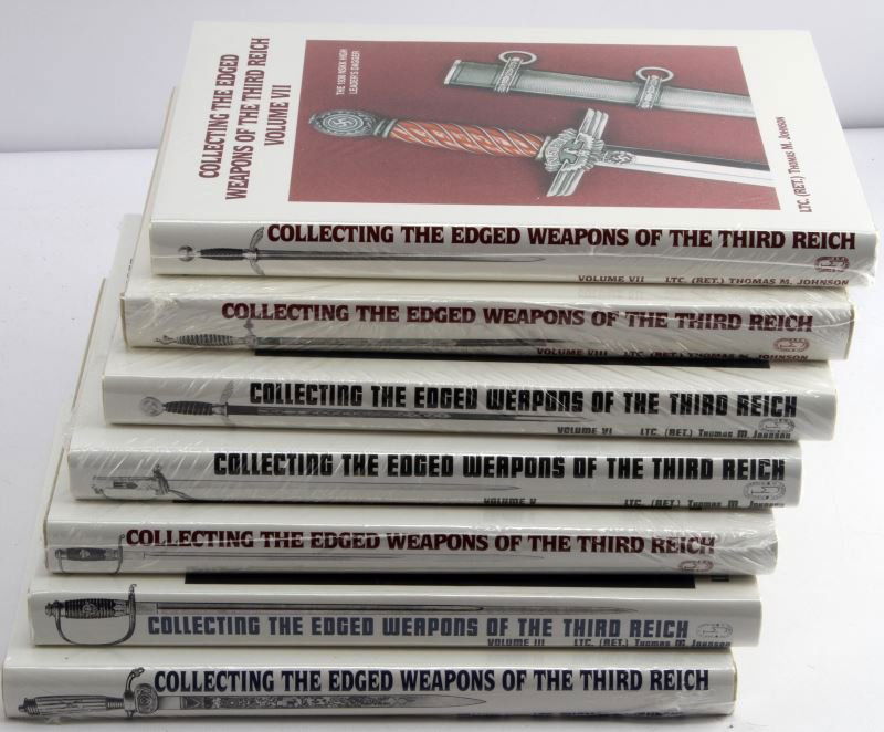 THOMAS JONSON'S EDGED WEAPONS OF THE THIRD REICH: Lot contains all volumes except volume II of Thomas Johnson's Collecting the Edged Weapons of the Third Reich. All are in like-new condition. This lot has a reserve.