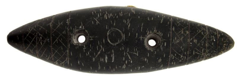 ALABAMA NATIVE AMER INCISED GORGET TERRAPIN CREEK: Alabama Field Terrapin Creek, Centre, AL. Polished and incised 2 hole gorget. Measures 4 inches long. Sticker to back with provenance. Little edge loss, overall very good condition.