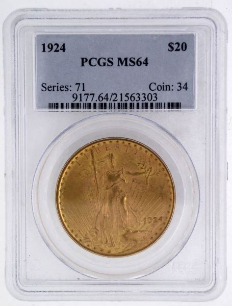 1924 GOLD DOUBLE EAGLE ST GAUDENS PCGS MS64: High grade gold Saint, series 71 coin 34 . This lot has a reserve.