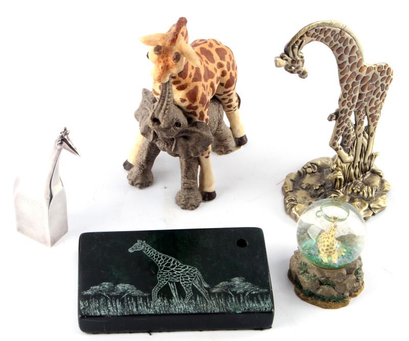 5 COLLECTIBLE GIRAFFE FIGURINES HERD DANSK SNO GLO: Better figurines and pieces includes seven inch baby with elephant by Herd, seven inch Mother and baby super cute, Dansk design metal giraffe four inches, tiny baby giraffe in snow globe two inches, V