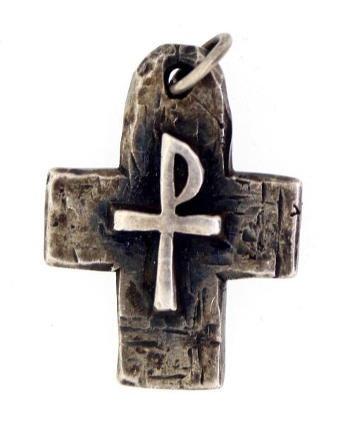 VINTAGE STERLING CROSS STAUROGRAM BY JAMES AVERY: Designed by James Avery, sterling silver cross staurogram on larger cross, 33 x 24.5mm, in very good condition. Chain not included.