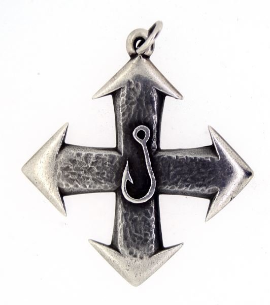 VINTAGE STERLING FISHERMANS CROSS BY JAMES AVERY: Designed by James Avery, fisherman's sterling cross,47 x 42mm, featuring fishhook in center. In very good condition. Chain not included. 15 grams.
