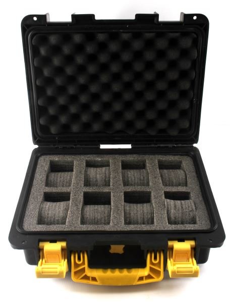 INVICTA WATERPROOF 8 SLOT TRAVEL WATCH CASE: Complete with all slot pad/watch holders, plus pressure release valve by handle, Invicta ABS plastic watch case is waterproof and airtight. Top is a little scratched up, which is why you want this cas