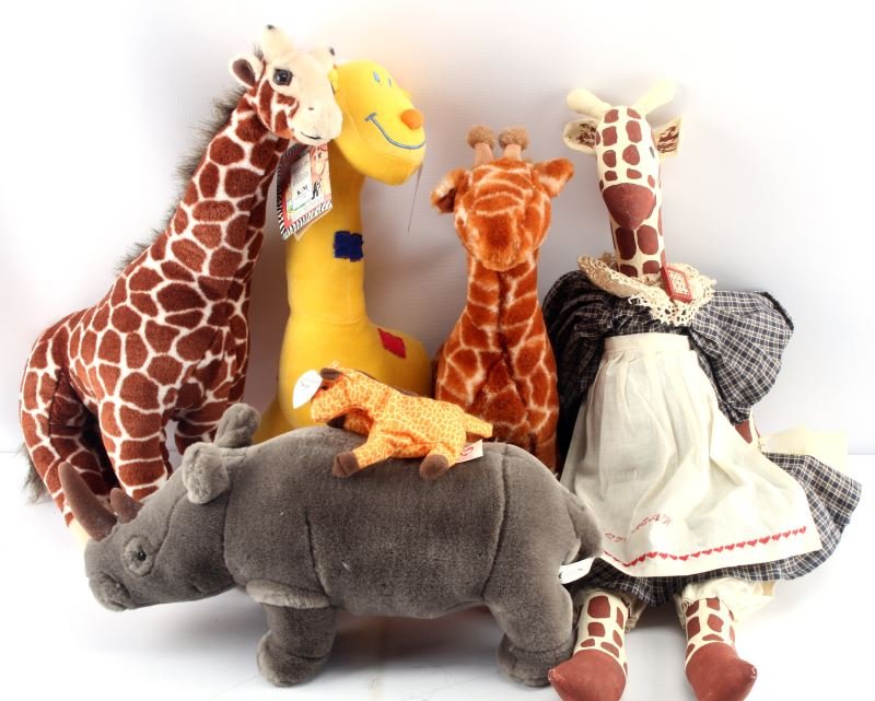 COLLECTION OF BETTER PLUSH STUFFED ANIMAL TOYS: Includes American Wego 2151 13 inch Giraffe, handmade by Pam Ice, with tags, Morgantown, W VA, Troonio Rhinoceros 14 inch, 1993 Beanie Baby Donkey five inches, K&M International 19 inch Giraffe with t