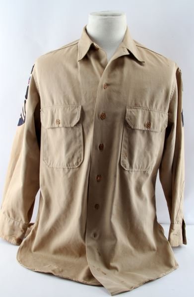 WWII US ARMY TECHNICHIAN 5TH GRADE UNIFORM BLOUSE: World War II United States Army technician fifth grade uniform blouse. Grade patches on sleeves. 90th Infantry Division patch on left shoulder. 2nd Infantry Division patch on right shoulder. "15 1/2 -