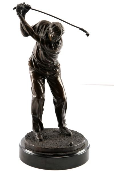 BRONZE GOLFER TROPHY 13 INCHES TALL MARBLE BASE: Highly detailed bronze sculpture depicting a golfer in mid-swing. No apparent maker's mark. Very good condition. Measures 13 inches tall. Black marble base.