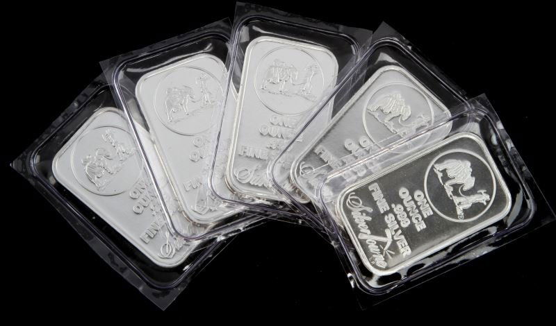 GROUPING OF FIVE 1 OZ SILVER TOWNE BARS: Each bar is one ounce of fine silver.
