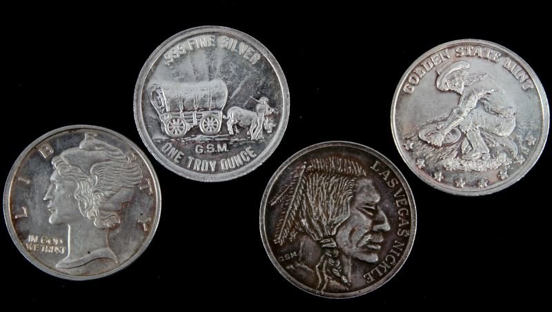 4 .999 FINE SILVER 1 OZT SILVER ROUNDS: Variety of assayers and images.