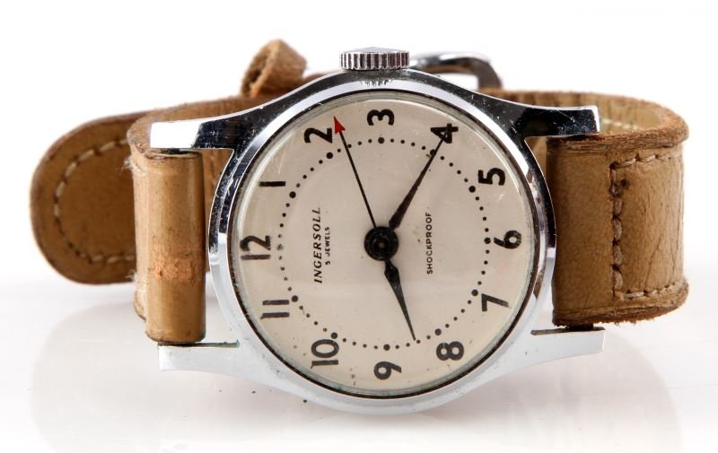 MID SIZE VINTAGE INGERSOLL BRITISH WATCH: Red second hand for potential military use, vintage British made Ingersoll 5 jewel stem wind and set wristwatch, in running condition (no implied warranty). White dial, Arabic numbers. Nickel plated c