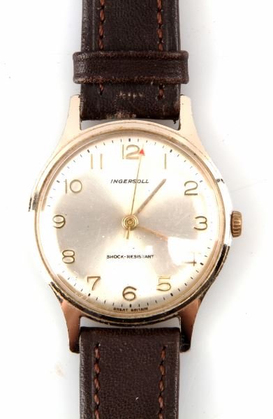 VINTAGE MENS WATCH BY INGERSOLL OF GREAT BRITAIN: Jeweled manual stem wind and set movement running well (no implied warranty), made by Ingersoll of Great Britain. Gold plated case, steel back, white dial with red arrow on sweep second hand for poten