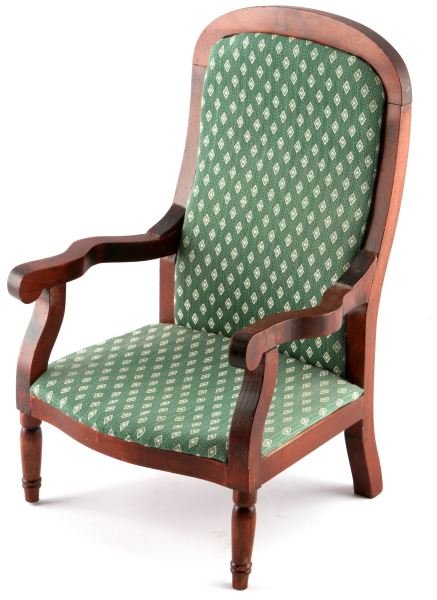 DOLL FURNITURE 14" CHAIR WITH GREEN UPHOLSTERY: A 14.25 inch doll or teddy bear chair with green upholstery Made of dark wood. In very good condition.