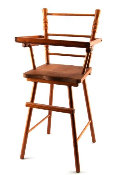 DOLL FURNITURE HIGH CHAIR 28.5" TALL: A highchair made of light colored wood. Stands at 28.5 inches tall. In very good condition. Third party shipping required, or check with us to see if we can deliver it on one of our consignment collec