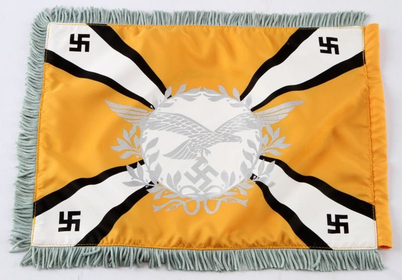 GERMAN WWII LUFTWAFFE REGIMENTAL STANDARTE FLAG: Miniature Luftwaffe standarte flag. Double sided, machine stitched, with fringe around three edges. Measure 10 by 7 inches. Modern made.