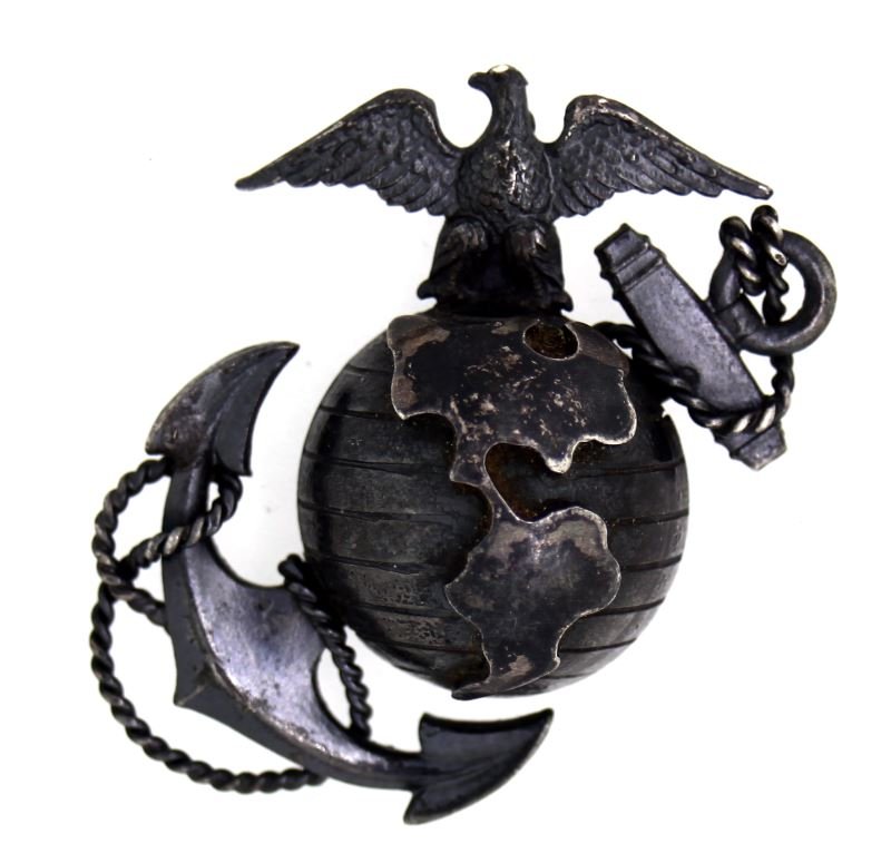 VINTAGE STERLING USMC EGA MARINE CORP CAP BADGE: Two inch badge stamped Meyer sterling, it is missing screw post.