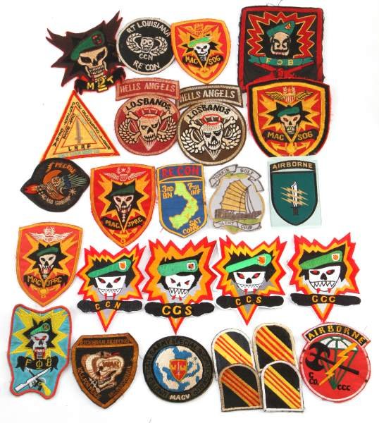26 VIETNAM ERA PATCHES NEWSPAPER BACKS: Lot of twenty six US Vietnam Era Army 5th Special Forces Green Beret Patches. Includes beret flashes; CCC; CCS; CCN; Mac Sog; Hells Angeles; FOB; LRRP; etc. Made in Vietnam. Includes some newspaper ba