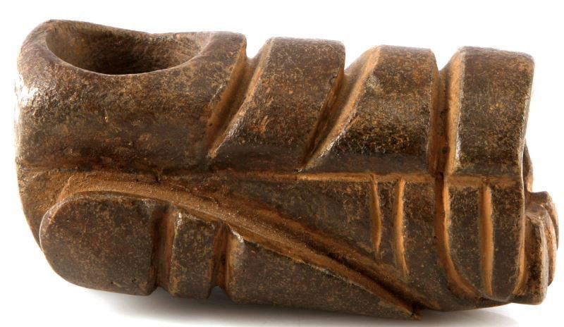 NATIVE AMERICAN EFFIGY PIPE TENNESSE STEATITE: Native American effigy pipe apparently found in Hardin County, Tennessee. The pipe has geometric carving possibly resembling an insect. Brown steatite stone. Very good condition. 5 inches long by 2.5