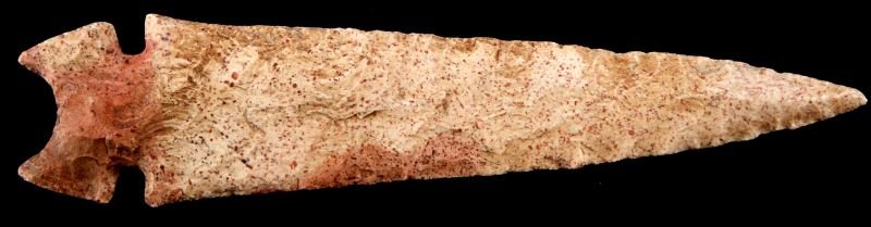GRAHAM CAVE ARCHAIC ARROWHEAD POINT RASPBERRY CHRT: Early-Mid Archaic "Graham Cave" arrowhead point. Well formed side-notched point with sharp auricles and deeply concave base. Creamy chert with areas of pink and darker inclusions throughout. Broad pre
