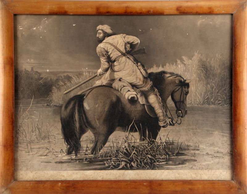 T.D. BOOTH: TRAPPER'S LAST SHOT 1850 ENGRAVING: Engraving titled "The Trapper's Last Shot" by T.D. Booth, circa 1850. Based on a painting by the American artist William T. Ranney, who was well-known for his images of Texas pioneers, woodland trappe