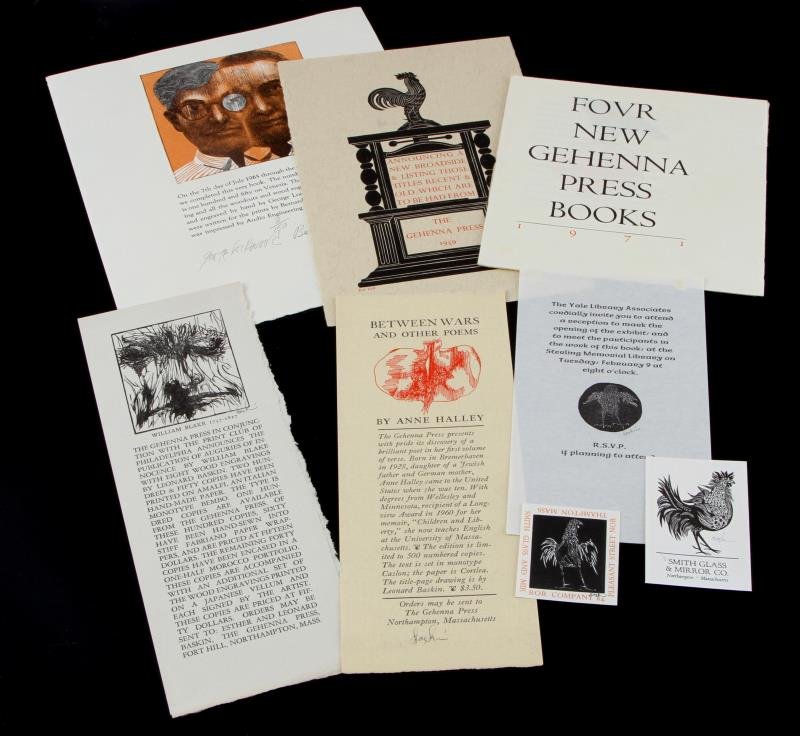 LOT OF 8 SIGNED LEONARD BASKIN GEHENNA PRESS: Lot of eight signed Leonard Baskin pieces printed by his printing press, Gehenna Press. This lot includes various items illustrated by the famed American artist. This lot includes an assortment of pub