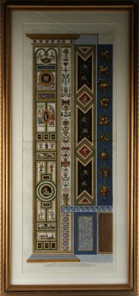 1770S HAND COLORED COLUMNS OF RAPHAEL'S LOGGIA: A hand-colored copperplate etching of the columns of Raphael's Loggia in the Vatican. This is part of a set of printed architectural studies of the work of High Renaissance artist Raphael. The print w