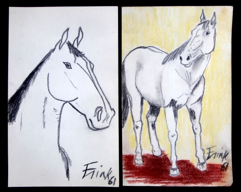 TWO ELIZABETH FRINK OIL PASTEL HORSE SKETCHES 1961: Two pastel sketches of horses. Both signed "Frink 61" on the bottom right. Both measure approximately 8.75 by 5.25 inches. Some yellowing present. Overall very good condition.
