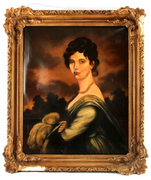 SIGNED J GILBERT EARLY 20TH C PORTRAIT 25 BY 30": Antique early 20th century portrait of a young woman in fine dress. The work is signed "J. Gilbert". The young woman sits before a slightly sfumato landscape. The frame gilded frame has some gesso mis