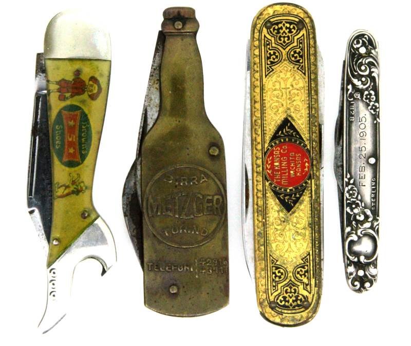 4 VARIED ADVERTISING & STERLING POCKET KNIFE LOT: Four different knives as follows, early Buster Brown boot shape knife, very good condition with Brown Shoe CO. stamped blade, Metzger Beer Torino, Italy bottle shape with blade and bottle opener blade