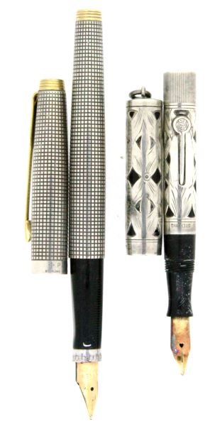 WATERMAN 452 1/2 OVERLAY & PARKER STERLING PEN LOT: Waterman sterling overlay free of damage or dents, bladder is dry, Parker 97 Flat Top sterling pocket clip fountain pen, in very good condition.