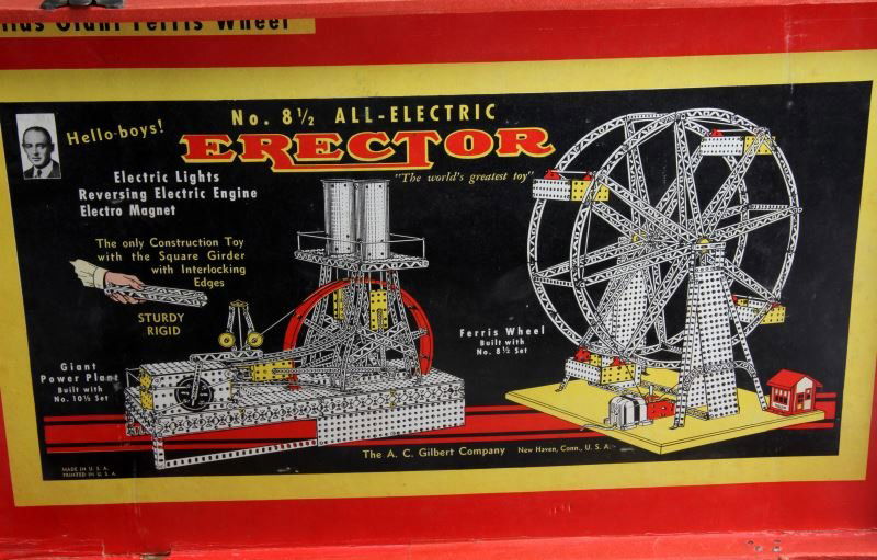 ERECTOR SET 8 1/2 COMPLETE GIANT FERRIS WHEEL: Vintage 1950's Gilbert's Erector set in cardboard box, appears to be complete. Includes original instructions. Very good condition. The featured item to build with this set was the giant Ferris Wheel