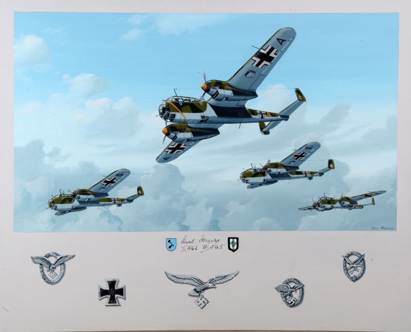 EAGLE-DAY BLITZ PAINTING SIGNED BY LUFTWAFFE PILOT: Ray Waddey is a well-respected military artist by many military legends who are pleased to have their authentic autographs on his work. Here Ray has depicted DO-215's on their way to England. Below is