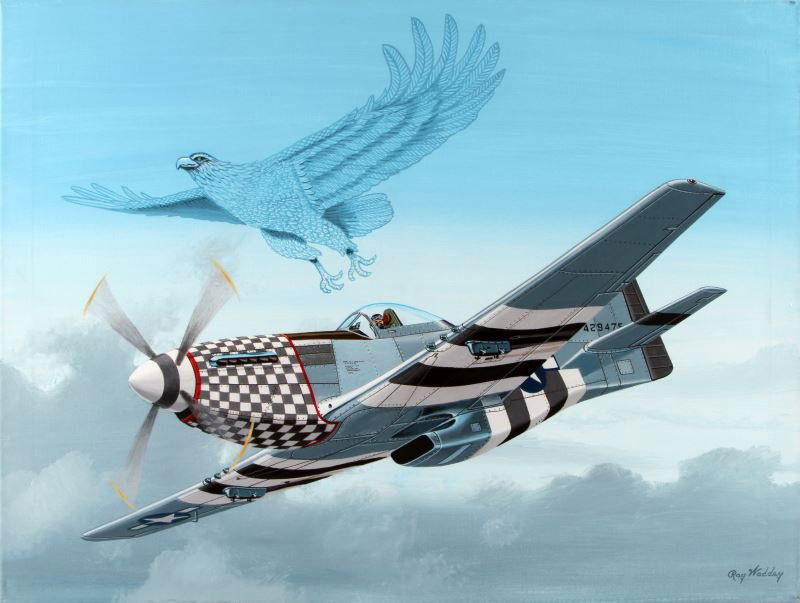 P-51D MUSTANG WITH AN AMERICAN EAGLE BY RAY WADDEY: A painting by Raw Waddey showing an American eagle flying alongside a P-51D Mustang. Measures 18 by 24 inches. Acryllic on canvas. This lot has a reserve.