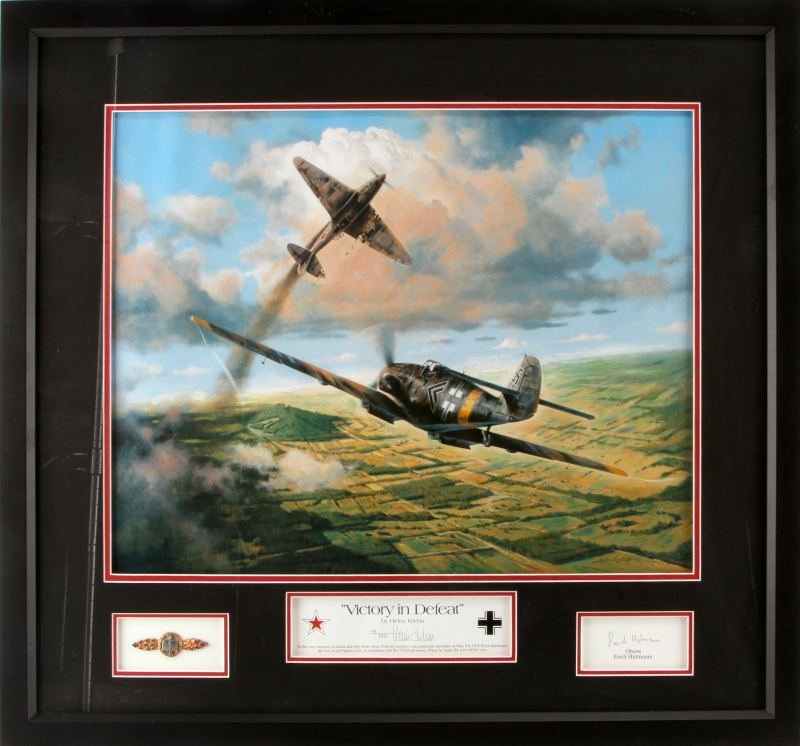VICTORY IN DEFEAT SIGNED ERICH HARTMANN PRINT: Framed Heinz Krebs Victory in Defeat print with Colonel Erich Hartmann's signature. Also signed by Heinz Krebs. Series number 19/352. Depicts a German BF 109 shooting down a Soviet Mig-3. Frame measur