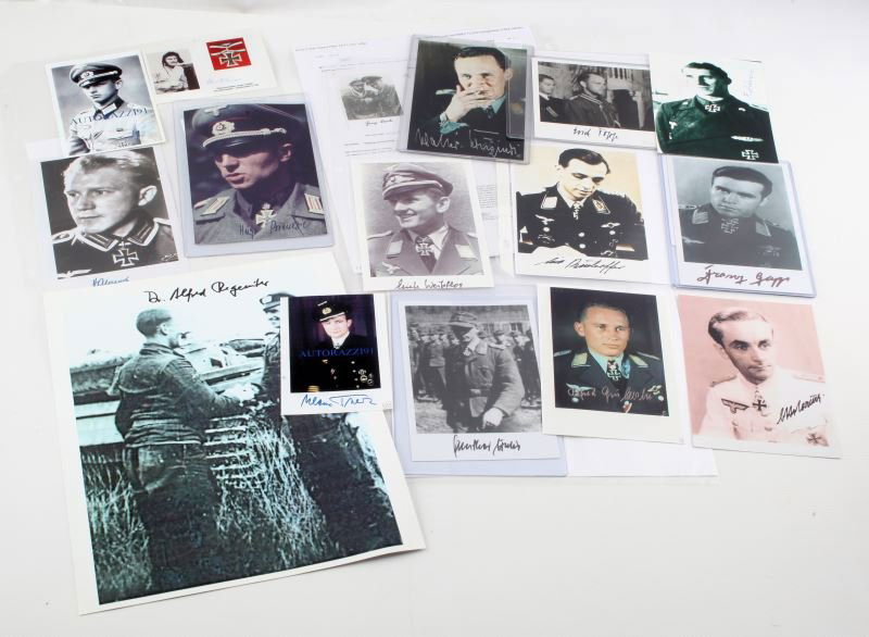WWII GERMAN WAR HERO AUTOGRAPHED PHOTO LOT OF 16: All guaranteed authentic signatures and they include. Hugo Primozjc Knights Cross winner, Franz Gapp Knights Cross winner, Otto Carius, Erich Topp Kriegsmarine Knights Cross winner, Heinz Franke U-Boa