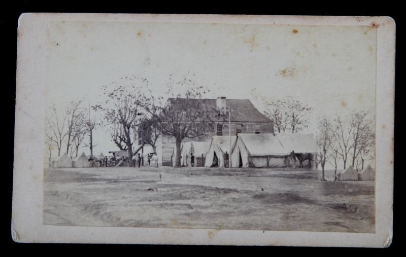 BROOKS & BLAUVET PORT HUDSON LA. CIVIL WAR CDV: Rare Carte De Vista by Louisiana photographers, measuring 2.5 by 4 inches. The reverse is hand inscribed in Ink "Hospital at Port Hudson formerly used by the Rebels as a Prison". Very good condition w