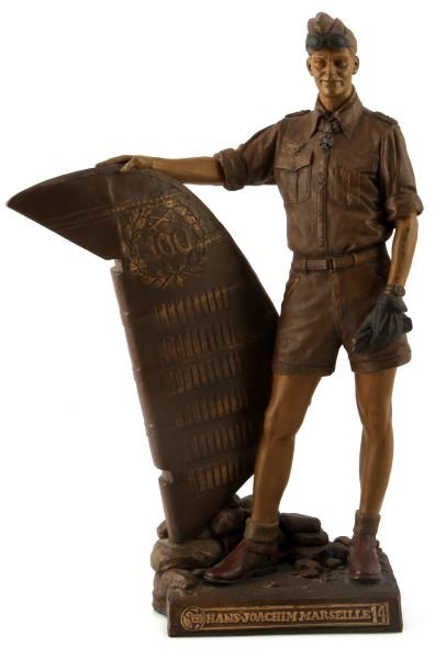 WWII COLD CAST BRONZE HANS JOACHIM BY RICK TERRY: Cold cast bronze (resin) statue of WWII German Ace Hans-Joachim Marseille by artist Rick Terry, 1996. Eagle edition 25/350. Marseille fought his final battle on Sept. 30, 1942, at age 22 with 158 vict