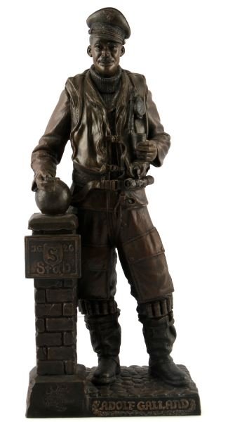 COLD CAST BRONZE WWII ADOLF GALLAND BY RICK TERRY: Cold Cast Bronze (resin) statue of WWII German Luftwaffe General and Flying Ace Adolf Galland by Rick Terry, 1997. Eagle edition 15/350. Stands 15 inches tall. Very good condition.