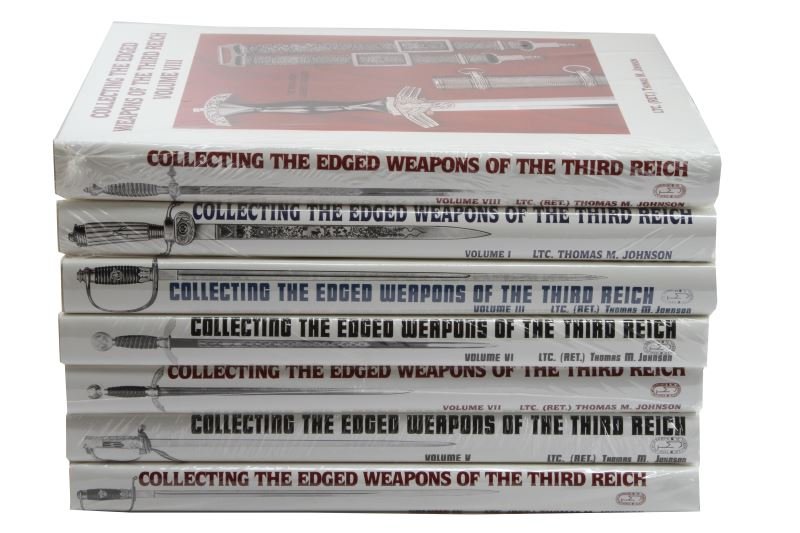 THOMAS JONSON'S EDGED WEAPONS OF THE THIRD REICH: Lot contains all volumes except volume II of Thomas Johnson's Collecting the Edged Weapons of the Third Reich. All are in like-new condition. This lot has a reserve.
