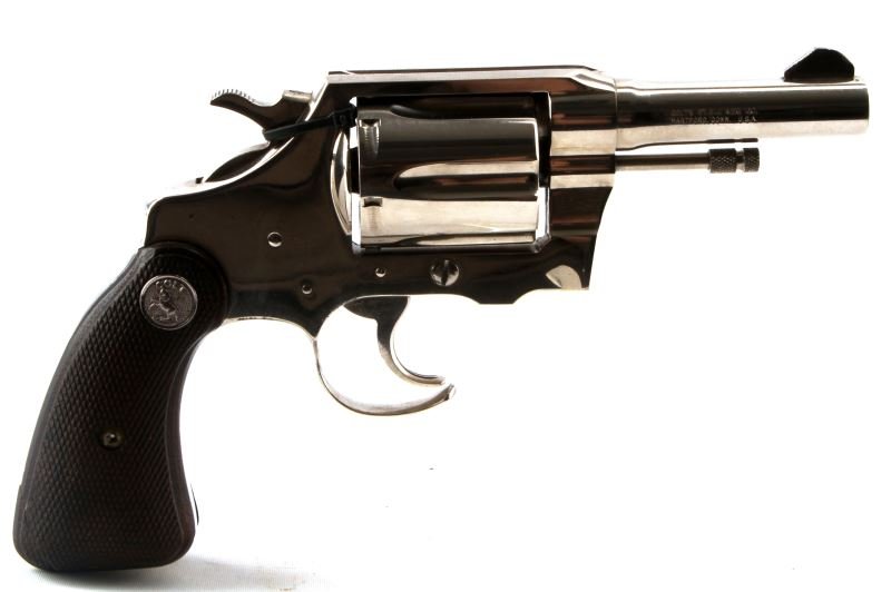 1963 COLT DETECTIVE SPECIAL .38 SPECIAL CTG NICKEL: Features a 3 inch barrel, factory nickel finish, Fitzgerald cut trigger guard, and checkered grips. Gun shows very light use. Bore is bright and clean; overall in very good condition.