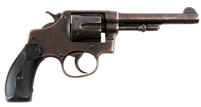 SMITH & WESSON HAND EJECTOR .32 CALIBER REVOLVER: Smith and Wesson hand ejector .32 caliber revolver. "32 LONG CTG" etched into side of barrel. Smith and Wesson emblem engraved into side of gun. Diamond fine grip plates with Smith and Wesson emblems.