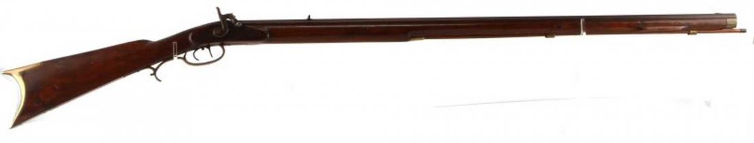 56 INCH BLACK POWDER PERCUSSION RIFLE UNMARKED: 56 inch Black Powder percussion rifle. Small octagonal barrel (360 L), varnished wood stock, brass ramrod fittings, butt plate and trigger guard. Front and rear sights, engraved design to hammer. Barr