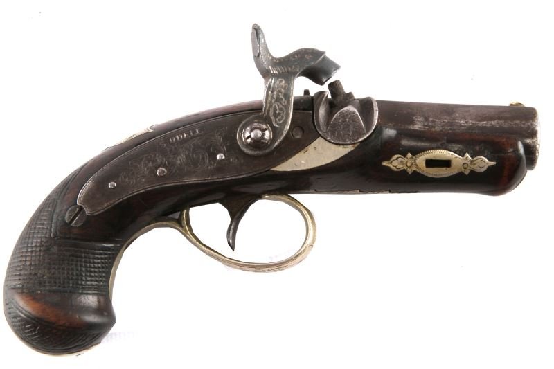 NATCHEZ DERRINGER PERCUSSION CAP PISTOL: Antique Natchez derringer percussion cap black powder pistol. Marked "NATCHEZ" on octagonal barrel. "S ODELL" etched into lock plate. Ornately decorated trigger guard and insets. Overall length approx