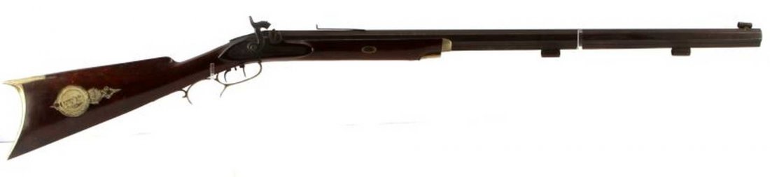 ANTIQUE J REYNOLDS OHIO STYLE PERCUSSION RIFLE: Antique J. Reynolds Ohio style percussion rifle, 13mm. Octagon 31.5 inch barrel, fine incised design to all plates and butt, peep hole front and rear sights, etched coin silver patch box and eagle to 