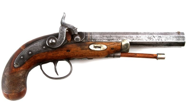 LONDON MARKED PERCUSSION CAP BLACK POWDER PISTOL: Percussion cap pistol marked "LONDON" on top of octagonal barrel. Ramrod attached. Crack running along length of wood. Expected signs of age and wear.