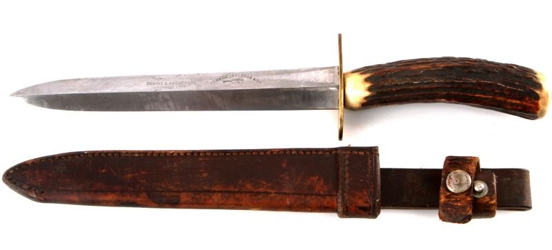 CIRCA 1880 GEORGE IBBERSON HUNTING KNIFE: Manufactured by George Ibberson & Co. and marketed by Swaine & Aveney Ltd. of Picadilly, London. Has 6.5 inch spear point blade. Stag horn grip with brass crossguard. Comes with original leather sheat