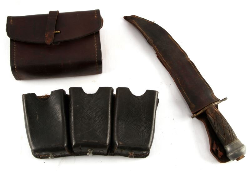 WWII FIGHTING KNIFE WITH AMMO & MAGAZINE POUCH: WWII Bowie fighting knife with original leather sheath, included also is a brown leather magazine pouch marked "E.K 1943" measuring 5'' in lengtg as well as a black leather three-compartment pouch wit