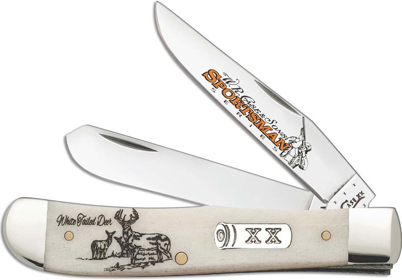 CASE 50437 SPORTSMAN SERIES KNIFE WITH TIN: Case Trapper knife, embellished clip blade and spey blade, smooth natural bone handle with whitetail scene, 4 1/8" closed. New condition. Stock photo.