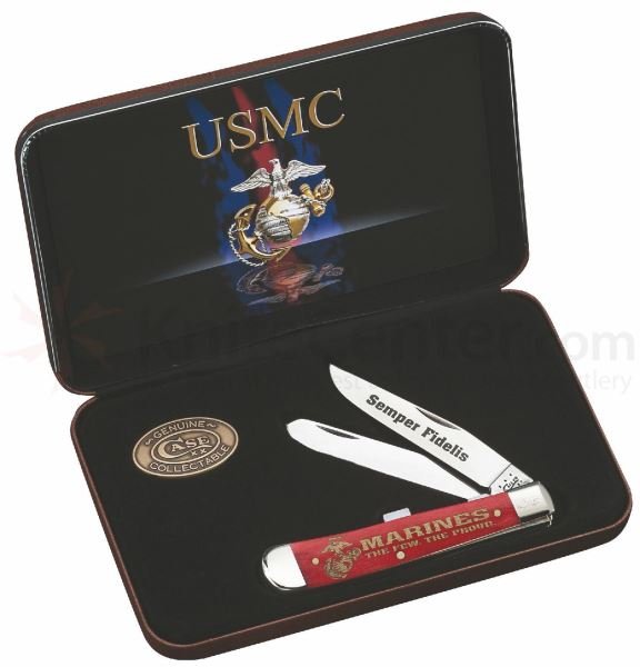 CASE XX USMC SMOOTH RED BONE TRAPPER KNIFE: Case USMC smooth red bone trapper gift set 13174 (6254SS), with smooth red bone 3D Laser engraved handle, stainless clip and spey blades. New in box. Stock photo.