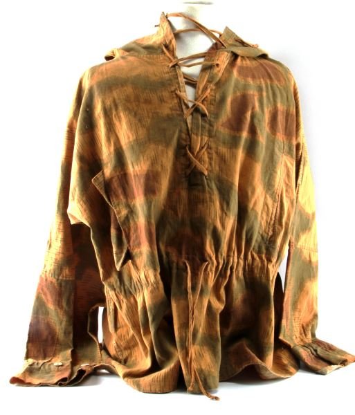 WWII GERMAN WEHRMACHT 1944 MARSH PATTERN SMOCK: Pullover sniper version, quality construction,celluloid buttons, a few holes only visible upon close examination, inside pocket reverse is stamped large "1" and the numbers in smaller text appears to 