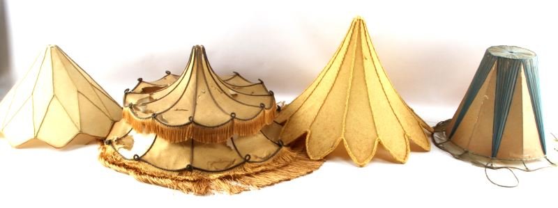 DUPONT ESTATE 4 ANTIQUE ART DECO LAMP FRAMES: Early lamp frames. These would have been at the Epping Forest estate in Jacksonville Florida, there is fabric remaining however it is age worn and deteriorating, 11 to 18 inches in diameter.