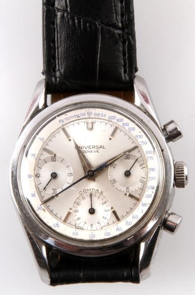 MENS STEEL UNIVERSAL GENEVE COMPAX WATCH: In very good running condition, recently serviced, men's mid- 1990's (probably 1994 to celebrate 100 year anniversary of UG) Universal Geneve, Compax model, calibre 130, 17 jewel movement, unknown ser